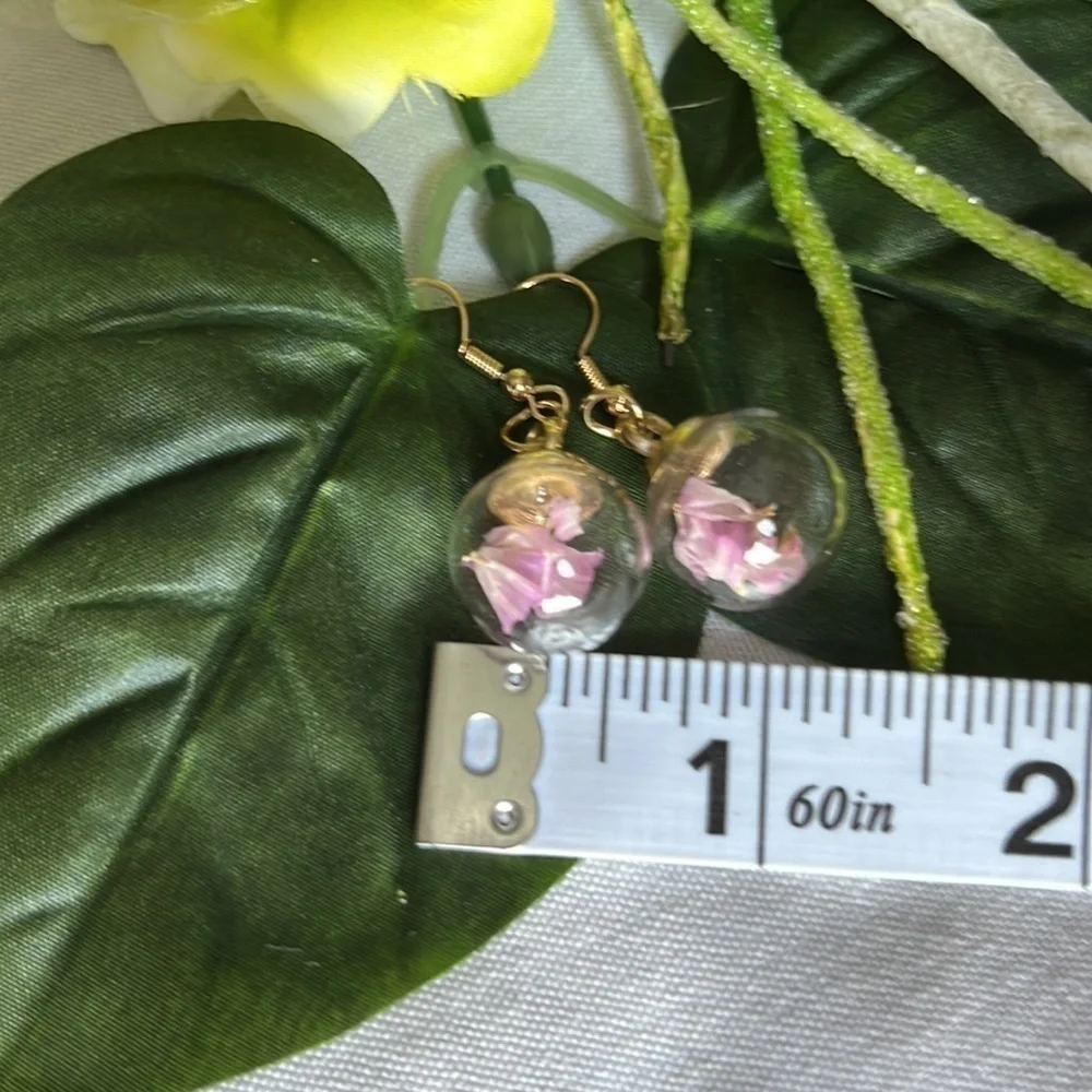 Resin Globe Pink Pressed Floral Earrings